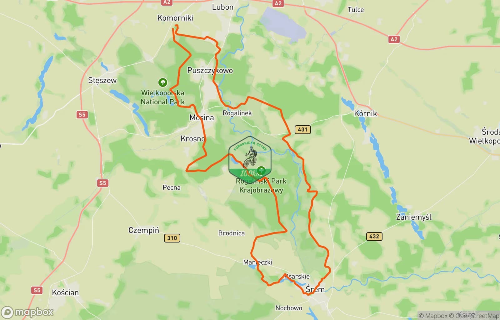 Mapa trasy: Komornicka 100 vol.17 . Wyścig