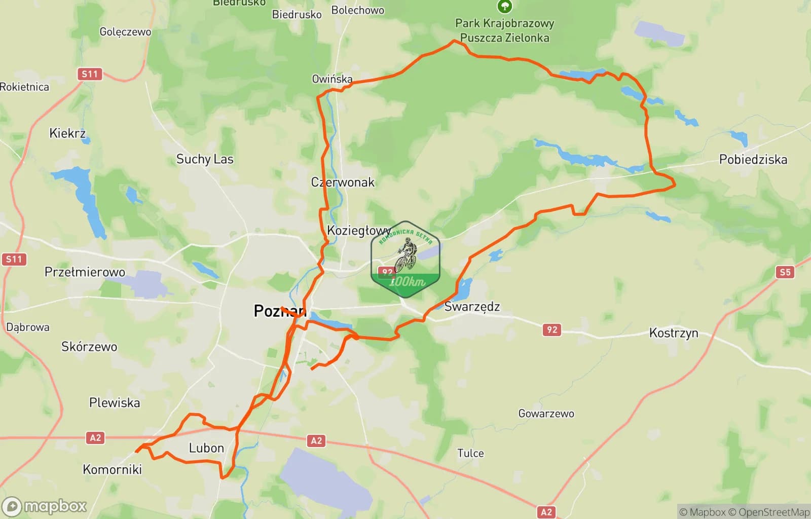 Mapa trasy: Komornicka100 - Golf w deszczu i błocie
