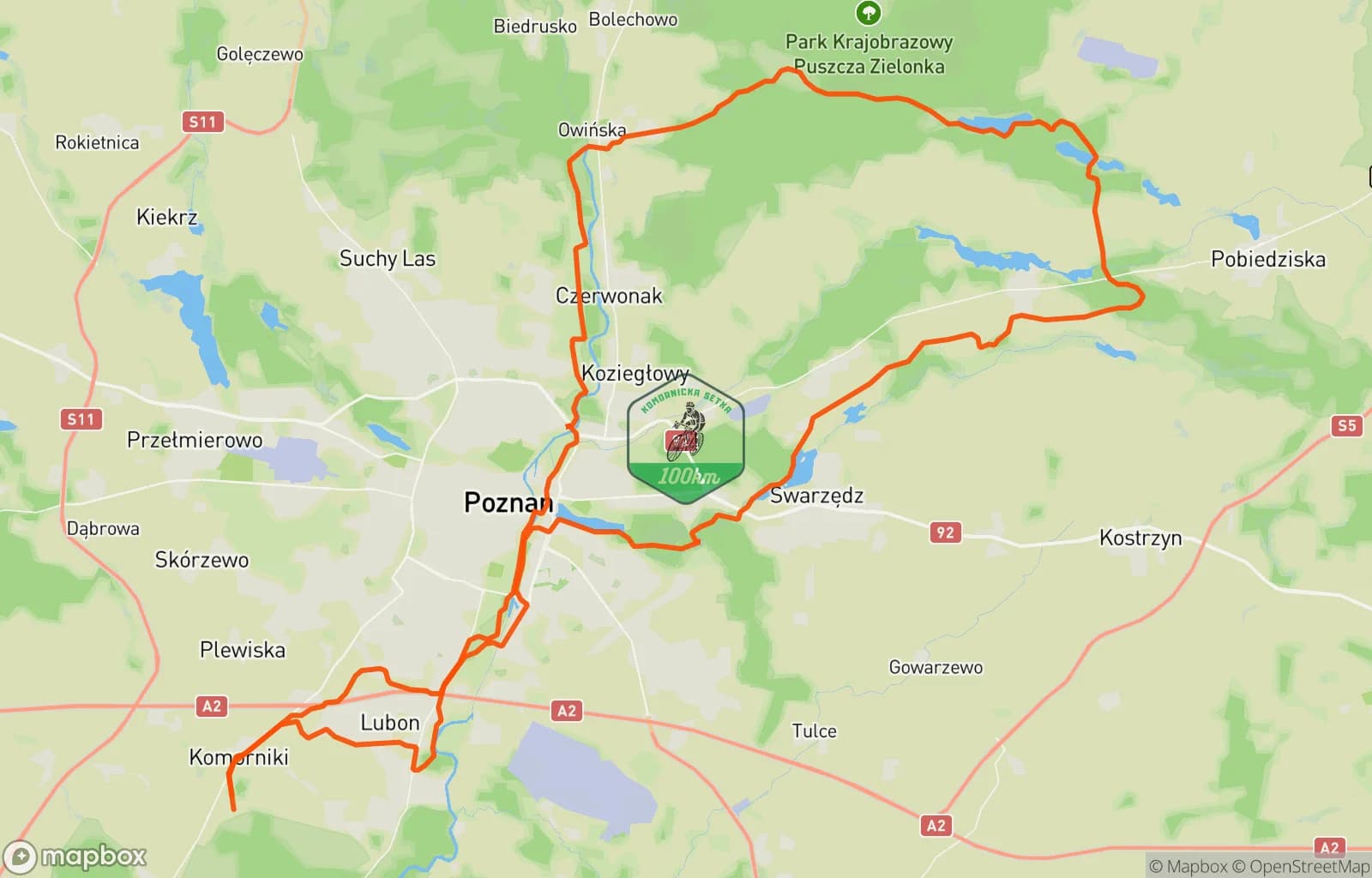 Mapa trasy: Komornicka 100ka trasa GOLF rewers