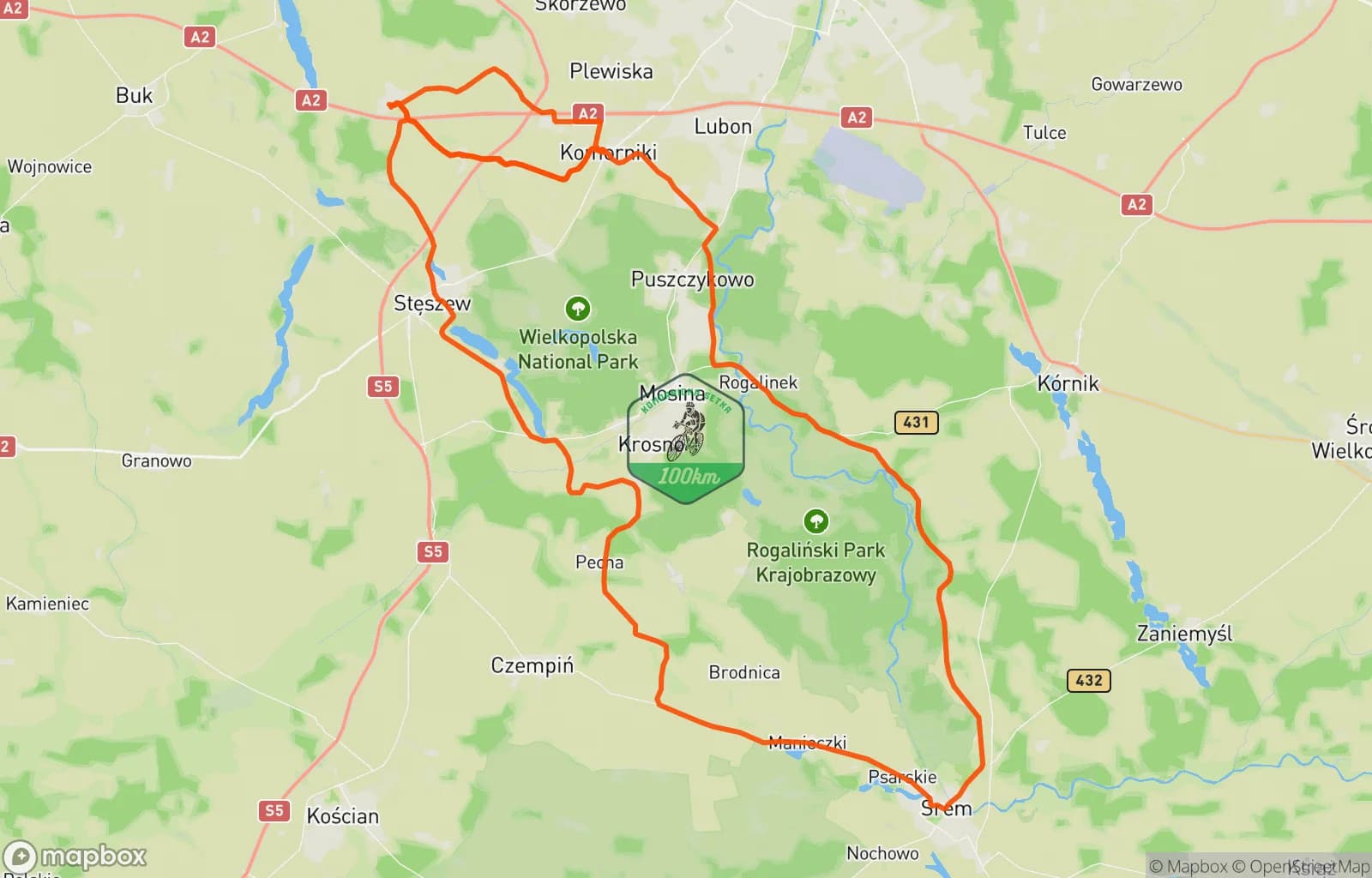 Mapa trasy: Komornicka 100 szosa