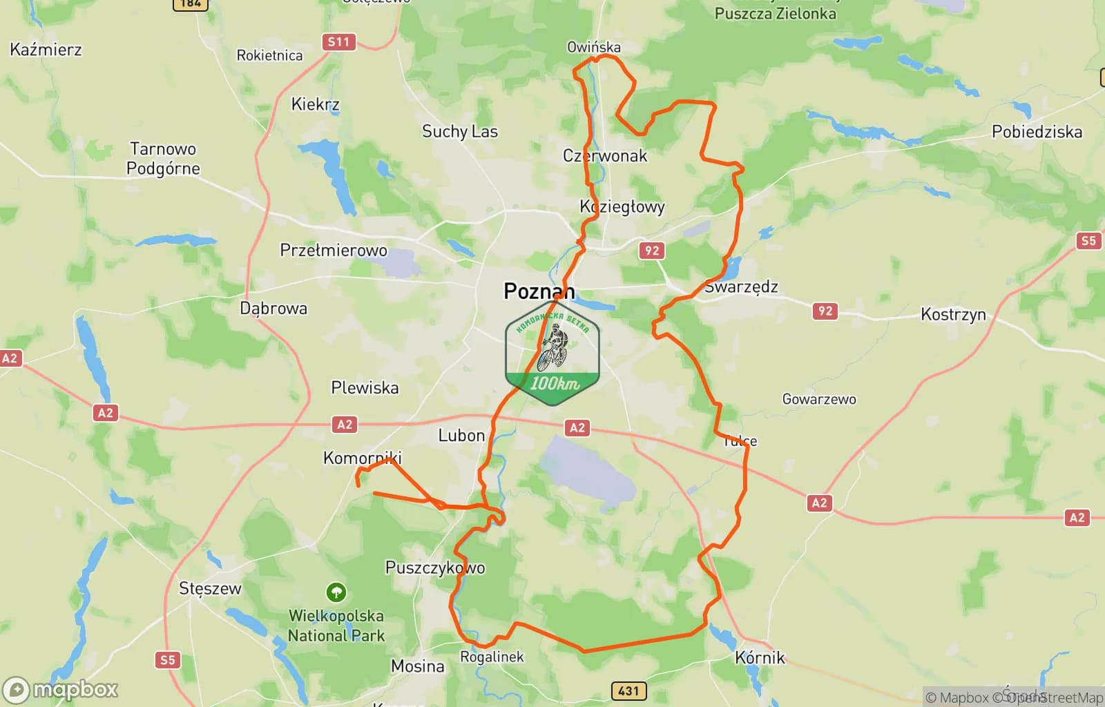 Mapa trasy: Komornicka100, trasa Delta