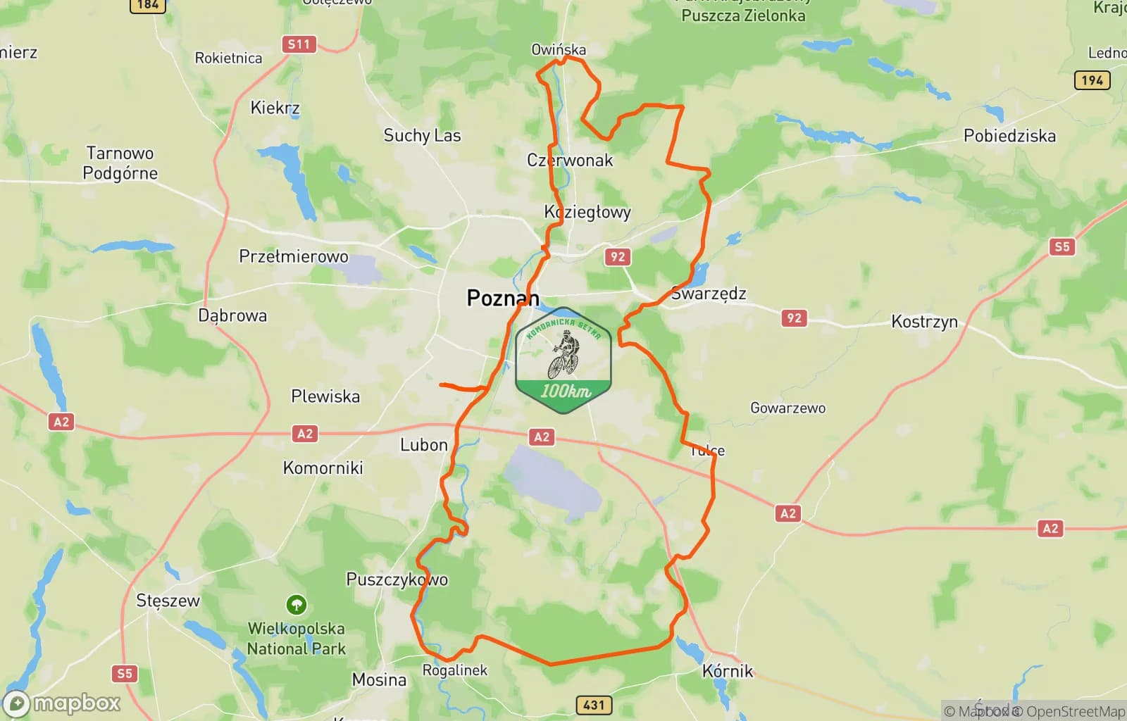 Mapa trasy: Komornicka100 - Delta. Miało padać, nie padało, ledwo kropiło.