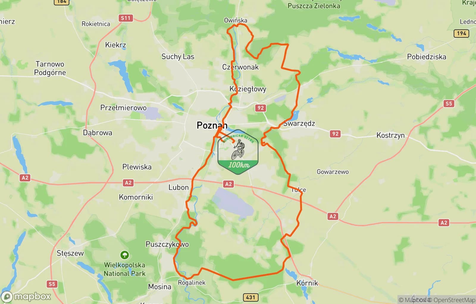 Mapa trasy: Komornicka 100 - Delta